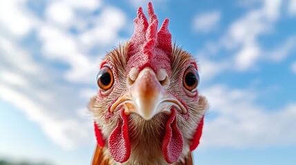 Wall Mural -  A close up of a rooster's head with a blue sky in the background