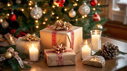 Aufkleber - Beautifully arranged gift boxes and candles near a decorated Christmas tree create a festive atmosphere during the holiday season. Generative AI