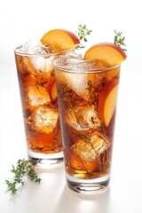 Poster - Iced tea with peach and thyme in two glasses.