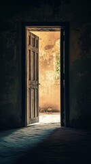 Wall Mural - an open door at the end of a dark hallway, symbolizing determination to find opportunities amidst ch