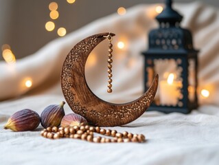 Aufkleber - Wooden crescent with beads, figs, lantern on fabric.