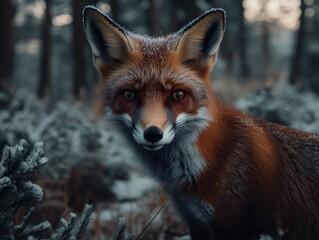 Aufkleber - Orange fox with white frost on its fur, closeup view in forest.