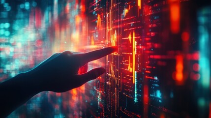 Aufkleber - Hand interacts with glowing red, blue data grid.