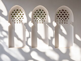 Poster - Three arched window openings with intricate designs and light/shadows on white wall.