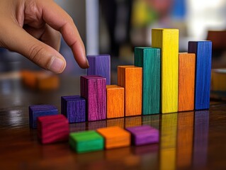 Poster - Hand reaching towards wooden block graph on table.