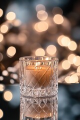 Fototapete - Lit candle in glass, blurred bokeh lights backdrop.