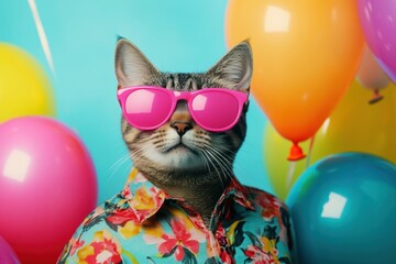 Poster - Cat with sunglasses and balloons.