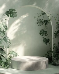 Poster - Empty podium surrounded by lush green plants.