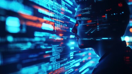 Fototapete - Man looks at digital code overlay.