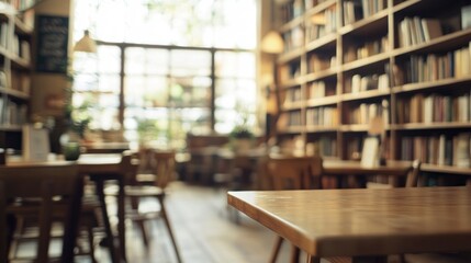 Poster - Blurred library with tables and bookshelves.
