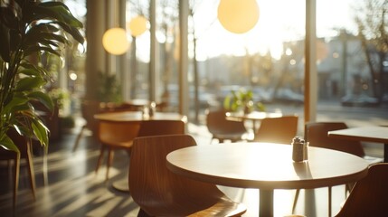 Aufkleber - Sunny cafe interior, tables, chairs, plants, warm light.