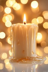 Fototapete - Melted lit candle with golden bokeh background.