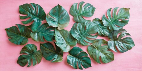 Wall Mural - Tropical leaves Monstera on pink background. Flat lay, top view 