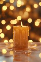 Poster - Warm candle burning with melting wax and bokeh lights background.