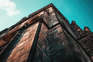 Poster - Low angle view of old stone tower against bright sky.
