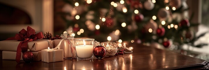 Aufkleber - Festive gift boxes with ribbons and candles arranged near a beautifully decorated Christmas tree. Generative AI