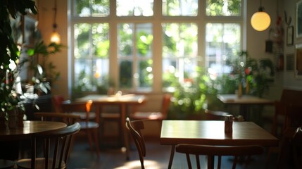 Poster - Blurred cafe with tables, chairs, plants, window, and natural light.