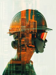 Aufkleber - Profile of a worker in safety gear with an abstract cityscape backdrop showcasing urban development. Generative AI