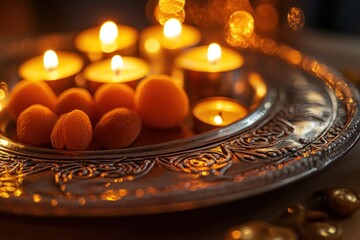 Poster - Lit candles and apricots on silver plate.