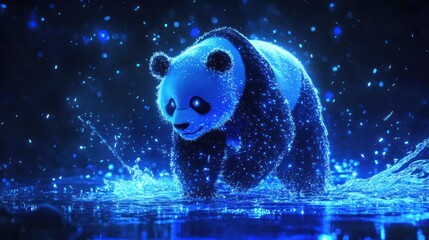 Poster - Luminous panda walking through water at night.