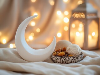Aufkleber - Crescent moon decor, dried fruit, marshmallow, and lamp on cloth.