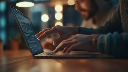 Fototapete - Man typing code on laptop, soft focus background.