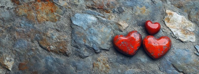 Leinwandbilder - Three red hearts on stone wall.