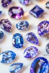 Poster - Assorted faceted purple gems on white marble.