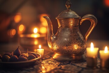 Poster - Golden teapot and figs, lit candles in soft focus.