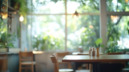 Aufkleber - Blurry cafe scene with wood tables, greenery, window light.