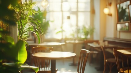 Aufkleber - Warm cafe interior with plants and sunlight.
