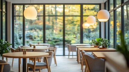 Aufkleber - Modern restaurant interior with tables, chairs, and window views.