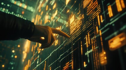 Fototapete - Hand points to glowing data matrix on large screen.