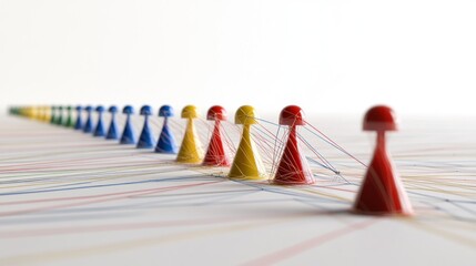 Colorful game pieces in a row connected by thin lines, representing a network or connection.