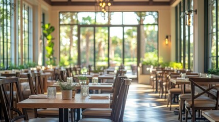 Aufkleber - Bright, airy restaurant interior with wooden tables, chairs, plant, glass.