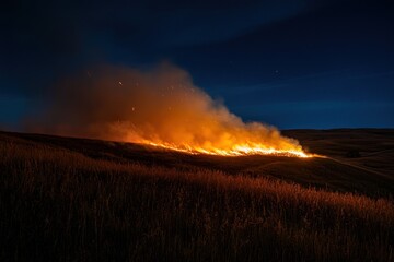 Poster - Night wildfire burning across a grassy hillside.