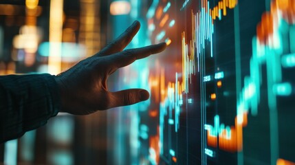 Fototapete - Hand points to stock chart on large screen.