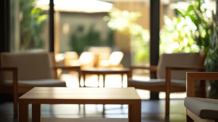 Aufkleber - Soft focus, wooden chairs, tables, light, indoor plants, sunny.