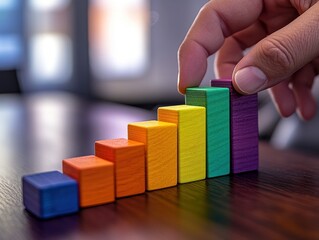 Poster - Hand stacks colorful block graph, growth concept.