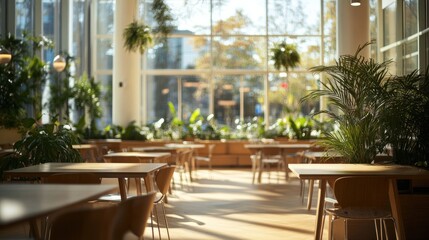 Aufkleber - Bright, modern cafe interior with plants.