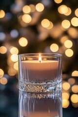 Poster - Lit candle in glass, bokeh lights background.