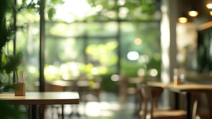 Aufkleber - Blurred indoor cafe view with natural light, tables, chairs and plants.