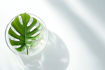 Poster - Green leaf in glass bowl with soft shadows on white.