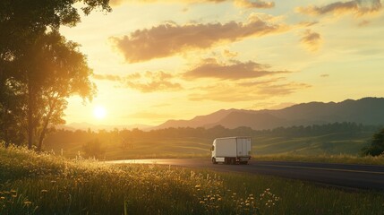 Aufkleber - Truck driving on road at sunset through landscape.