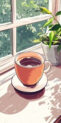 Wall Mural - Warm and inviting illustration of a coffee cup on a windowsill with a potted plant, capturing a tranquil morning vibe.