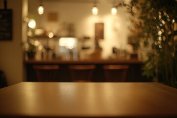 Fototapete - Wooden tabletop with blurred cafe background.