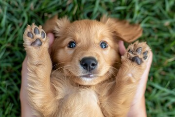 Wall Mural - Golden puppy lying on back, paws up.