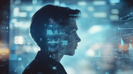 Fototapete - Man's silhouette with digital data overlays.