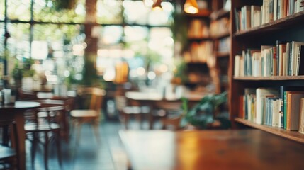 Aufkleber - Blurred indoor scene, books, wood tables and plants.