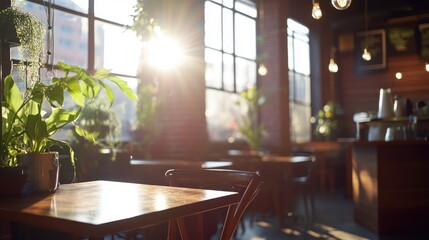 Poster - Sunlit cafe interior with wooden tables, plants and blurry background.